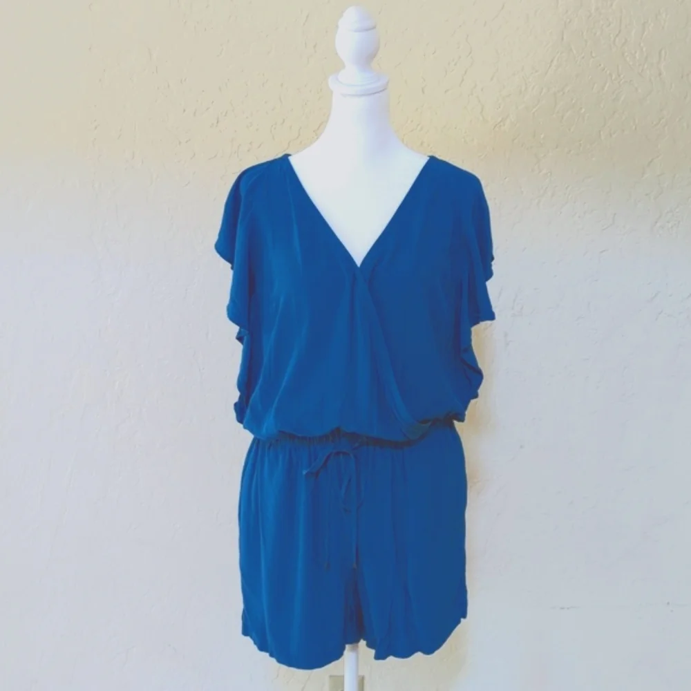 LOFT Vibrant Blue Flutter Sleeve Cinched Drawstring Waist Romper Size Medium